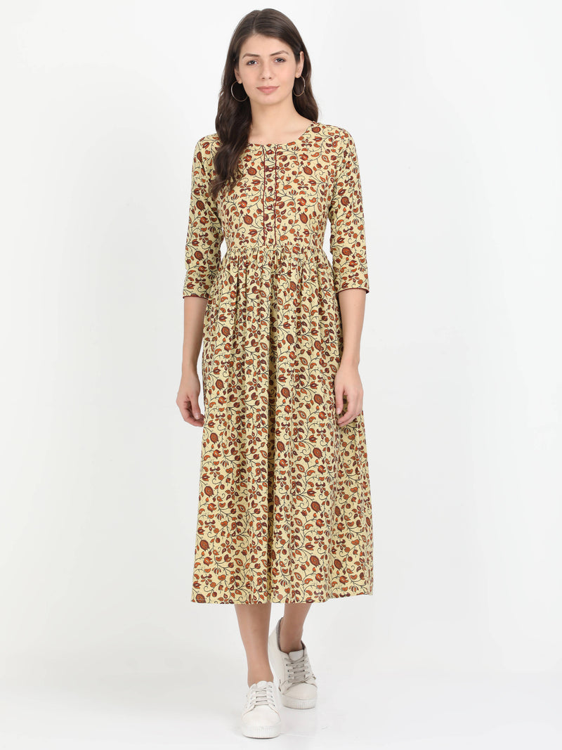 Women Beige Printed Cotton Dress - Tuzzut.com Qatar Online Shopping