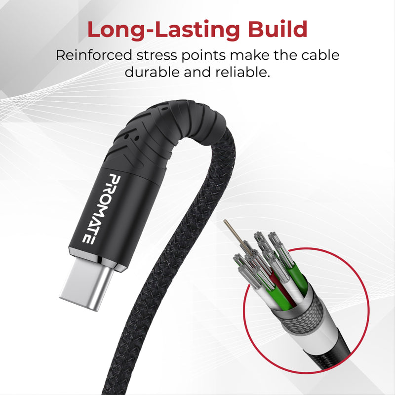 Promate Fabric Braided USB-C Data Sync & Charge Cable 1 Meter - cCord-1 - Tuzzut.com Qatar Online Shopping
