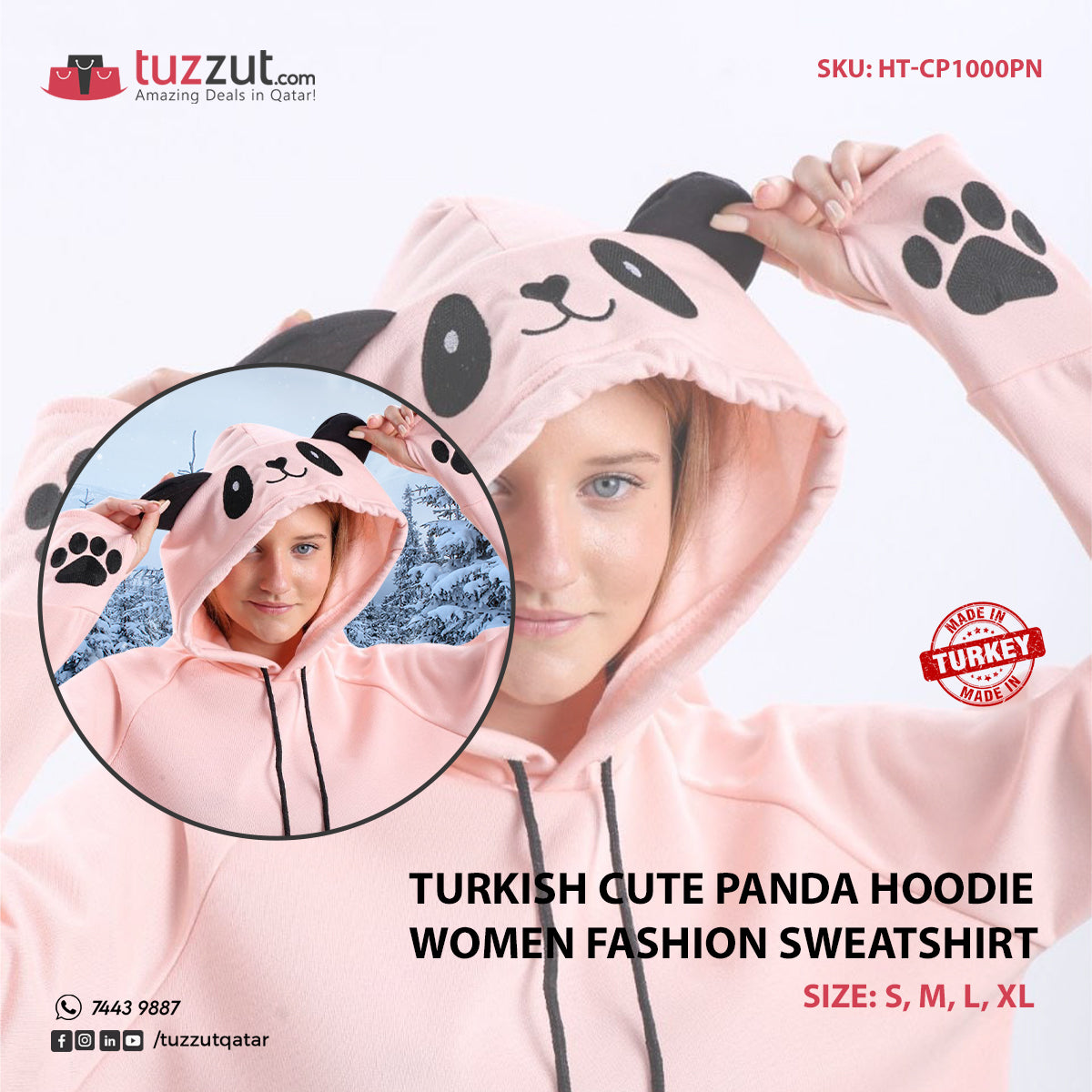 Turkish Cute Panda Hoodie Women Fashion Sweatshirt-Pink TUZZUT