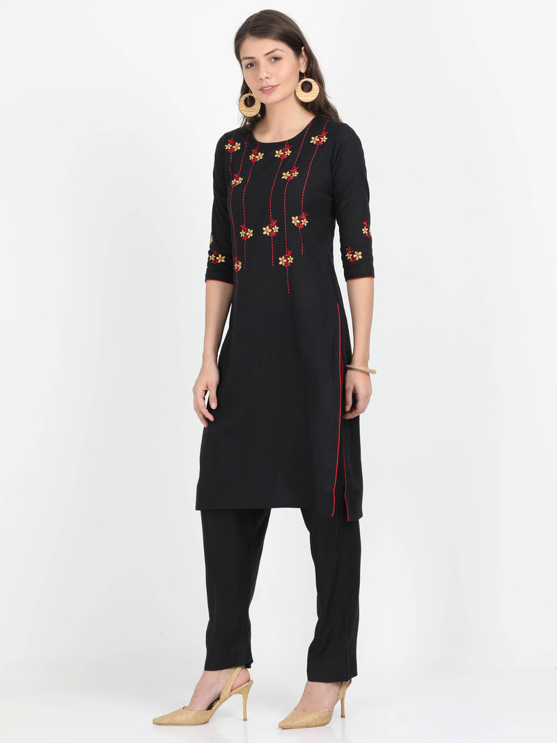 Women Black cotton embroidered kurta with Rayon Black Pant - Tuzzut.com Qatar Online Shopping