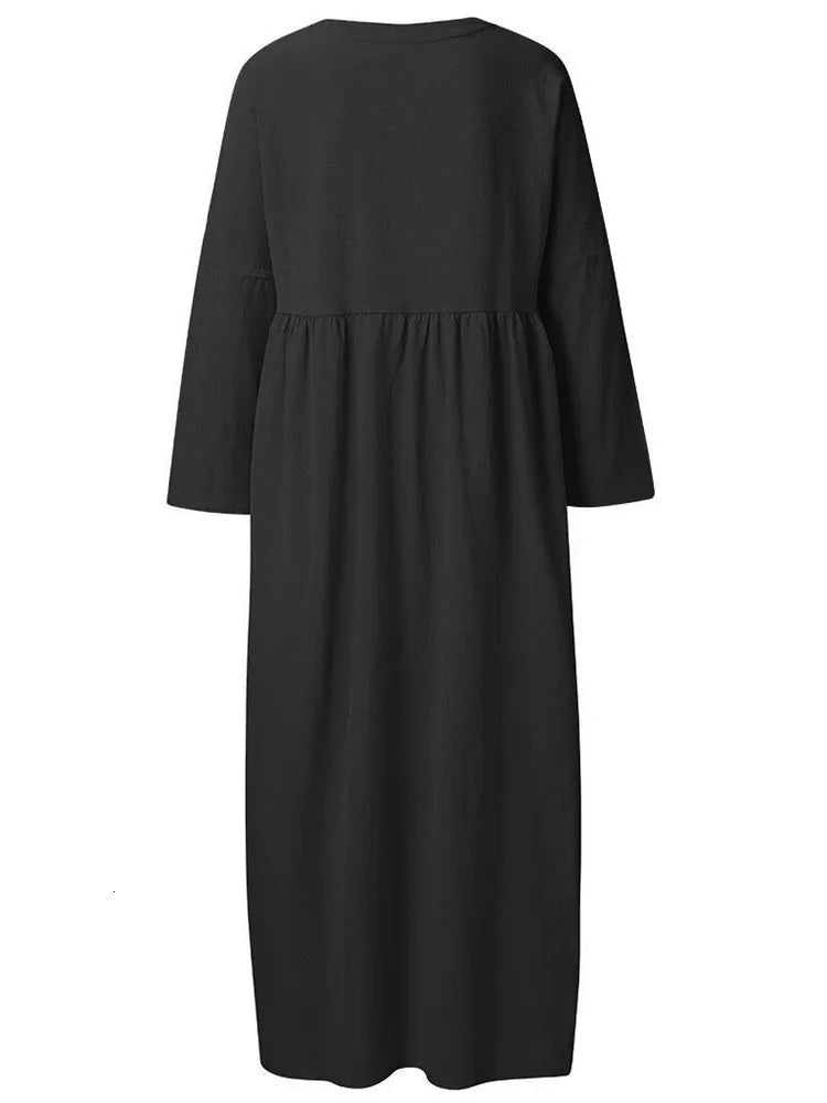 Womens Ankle Length Retro Loose V-Neck Pullover Long Dress 024247457 2XL - TUZZUT Qatar Online Shopping