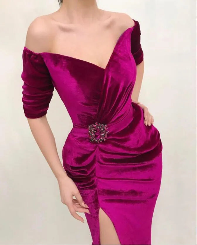 Velvet Mermaid Prom Dresses Off Shoulder Half Sleeves Pleats Side Split Evening Dress 440IJC Velvet Mermaid Prom Dresses Off Shoulder Half Sleeves Pleats Side Split Evening Dress 440IJC