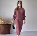 Autumn New Fashionable Solid Color Hollow Round Neck Top Casual Knit Skirt Set European American Cross-border Style   B195204 - TUZZUT Qatar Online Shopping
