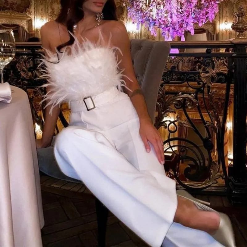 Chic and Elegant Women Overall Jumpsuit Monkeys Summer Plush Feather Patchwork Belted Bodysuit Formal Party Evening Female M S3509528