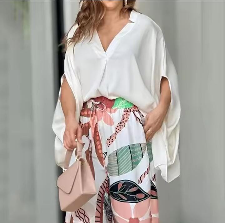 Two Piece Set Summer Casual Solid V Neck Batwing Sleeve Loose Top Wide Legs Printed Stretch Waist Pants Sets B275424 Two Piece Set Summer Casual Solid V Neck Batwing Sleeve Loose Top Wide Legs Printed Stretch Waist Pants Sets B275424