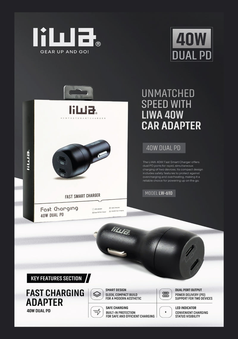 Liwa Dual PD Car Adapter 40W /CC108R - TUZZUT Qatar Online Shopping