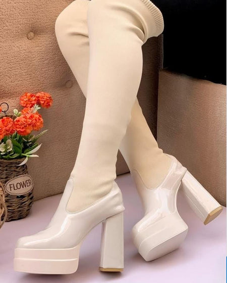 Double Platform Calf Boots For Women High Heel Shoes Luxury Fashion Designer Winter   B140467