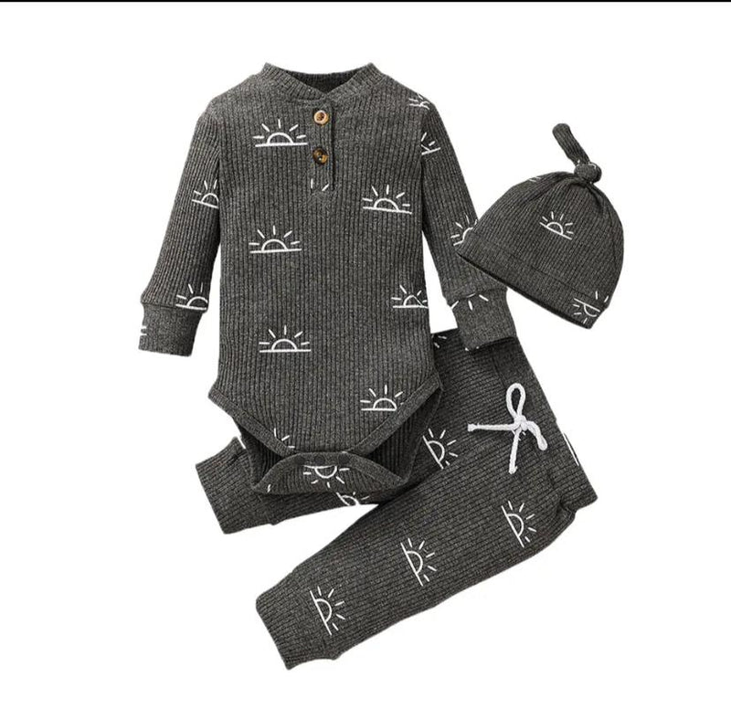 3PCS Baby Boy Clothes Set Spring Autumn Knitted V-neck Romper+infant Pants+Cap Newborn Outfit 20180077