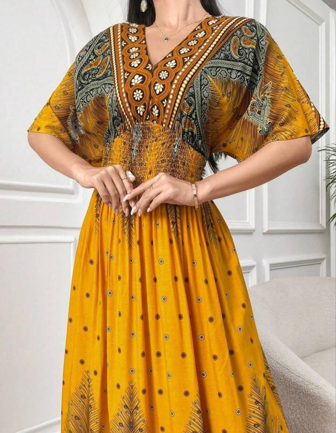 Al Najma Elegant Vintage Printed Sleeve Long Dress B-155670 Al Najma Elegant Vintage Printed Sleeve Long Dress B-155670