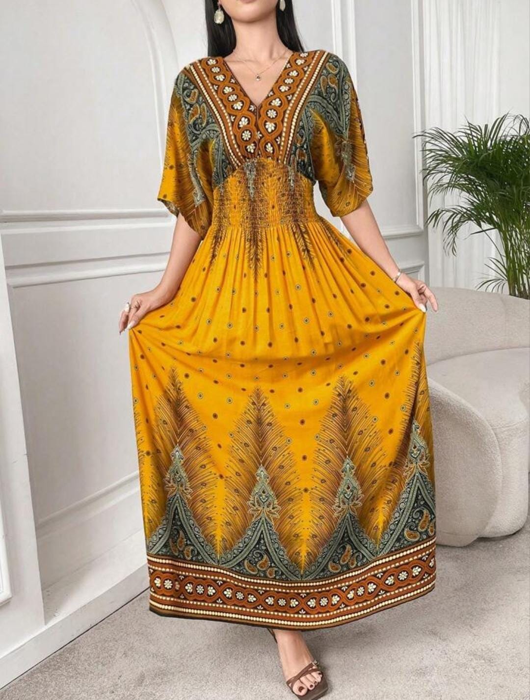 Al Najma Elegant Vintage Printed Sleeve Long Dress B-155670 Al Najma Elegant Vintage Printed Sleeve Long Dress B-155670