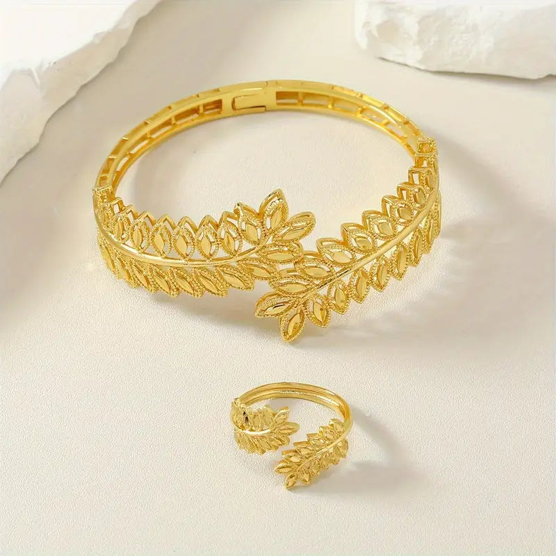Luxury Leaf Open Wedding Bride Cuff Hand Decoration Bracelet and Ring Set 125804 - TUZZUT Qatar Online Shopping