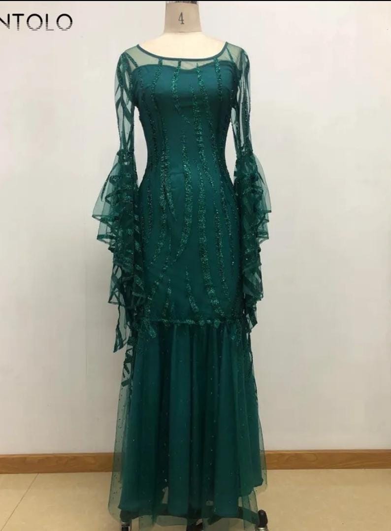 Party Maxi Dress Women Sheath Empire Lace Floor-Length Dark Green Sprinkle Gold with Long Sleeves Sexy Dresses XL B-41317 - Tuzzut.com Qatar Online Shopping