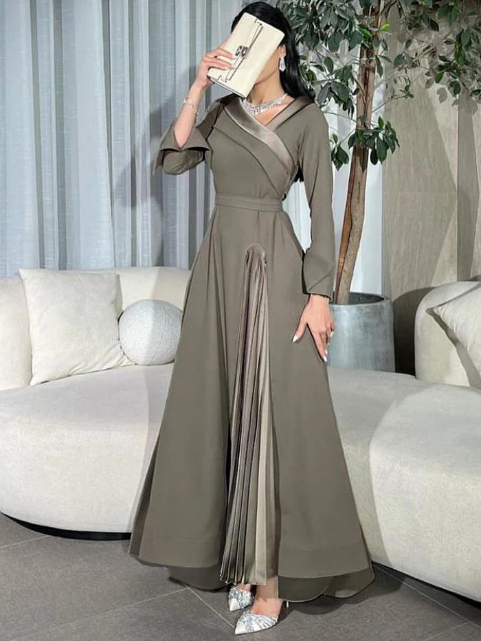 A-Line Wrap Pleated Solid Color Split-Joint V-Neck Maxi Dresses 158582 A-Line Wrap Pleated Solid Color Split-Joint V-Neck Maxi Dresses 158582