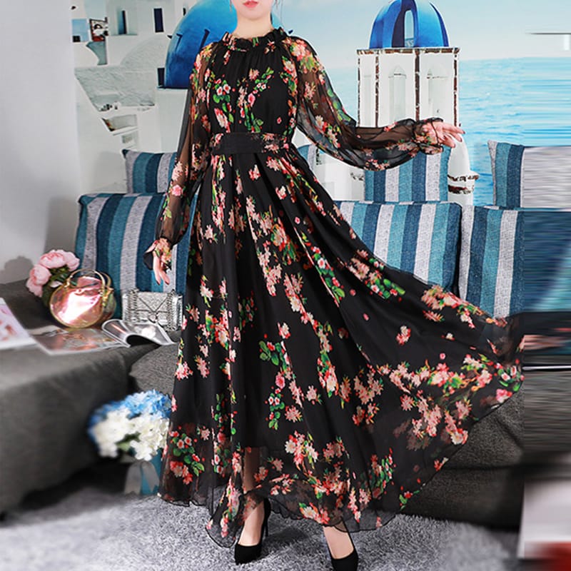 Bohemian Runway Maxi Dress Plus size Women's Long Sleeve ruffle Collar Vintage Floral Print Chiffon Party Holiday Long Dress M S2466751 - Tuzzut.com Qatar Online Shopping