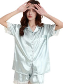 Silk Pajamas Suit Lace Trim Short Sleeve Button Shirt And Shorts Set   S4913288 - TUZZUT Qatar Online Shopping