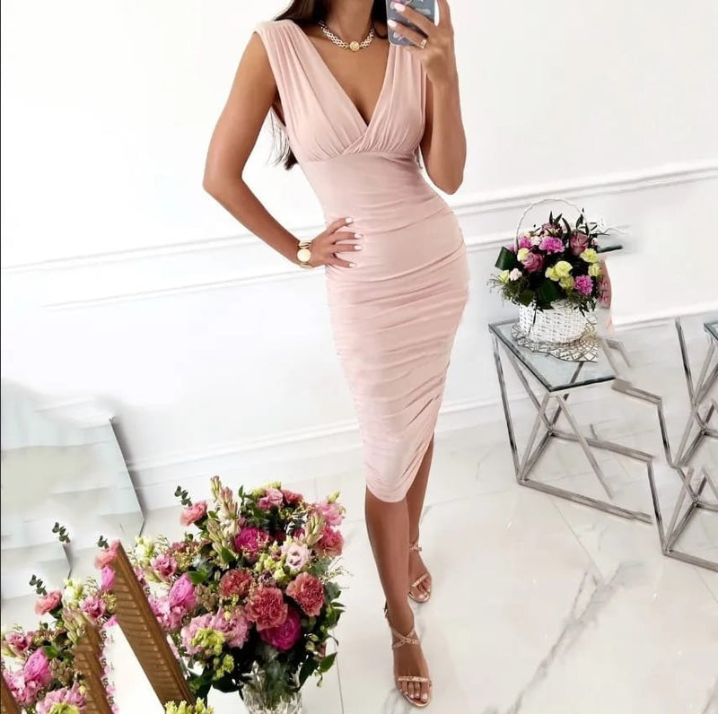 Office Lady Casual Fashion Solid Dresses Spring Summer New Sleeveless V-Neck Slim Tunic Pullover Midi Dress Female Clothing S4542315