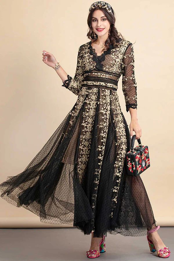 Winter Party Long Dress Women's Floral Embroidery Mesh Maxi Dress B78123 Winter Party Long Dress Women's Floral Embroidery Mesh Maxi Dress B78123