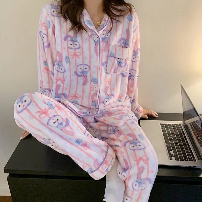 Kawaii Cartoon Japanese My Melody Cinnamoroll Pajamas Female Winter Coral Velvet Long-Sleeved Two-Piece Suit X4159082 - Tuzzut.com Qatar Online Shopping