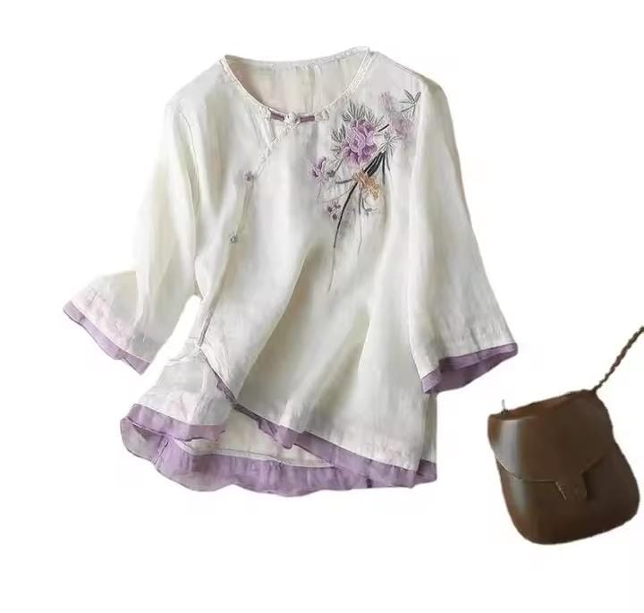 Summer Artistic Button Slimming Top Cotton T-Shirt   552782 - TUZZUT Qatar Online Shopping