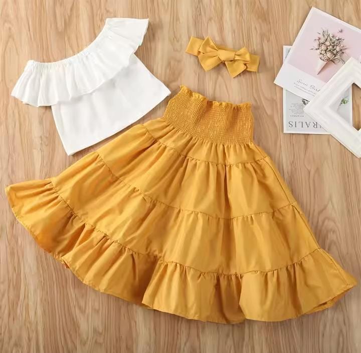 Baby Girls Off Shoulder Shirt Top Waist 3 Pcs Dress 406543 Baby Girls Off Shoulder Shirt Top Waist 3 Pcs Dress 406543