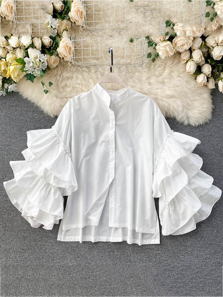 Women's Versatile Loose-fit Shirt Multi-layer Ruffle Edge Flare Sleeve Stand Collar Top S4426977 Women's Versatile Loose-fit Shirt Multi-layer Ruffle Edge Flare Sleeve Stand Collar Top S4426977