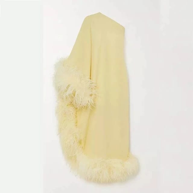 Casual Dress Ostrich Feather- trimmed Crepe Maxi Pretty Party Pastel Yellow Rayon Feather Party Dress 5MVE54 Casual Dress Ostrich Feather- trimmed Crepe Maxi Pretty Party Pastel Yellow Rayon Feather Party Dress 5MVE54
