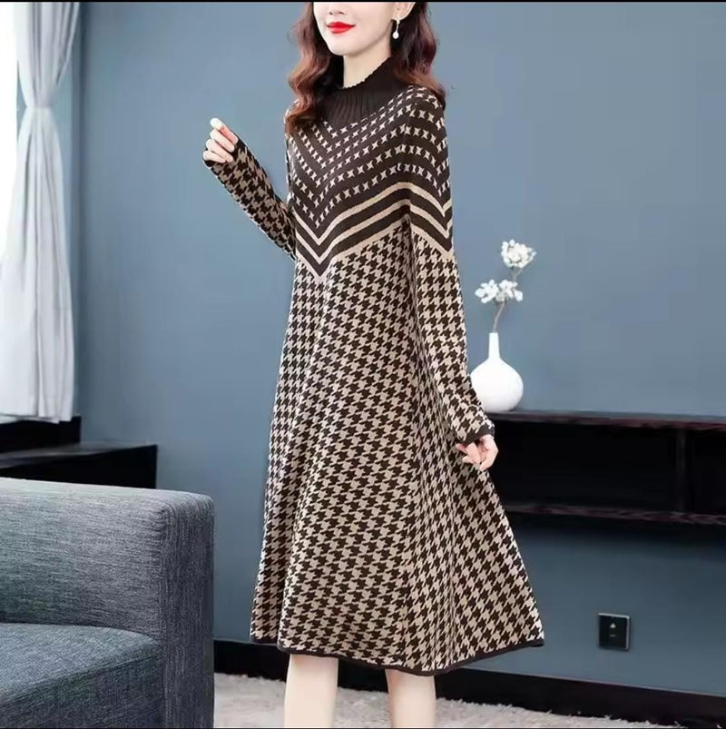 Women's Long Sleeve Round Neck Printed Knit Winter Dress 56355 2XL