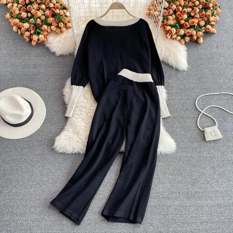 Stylish Autumn New Pant Sets Women V-neck Contrast Color Knitted Tops + Elastic High Waist Wide-leg Pants Two-piece Suit S429760 - Tuzzut.com Qatar Online Shopping