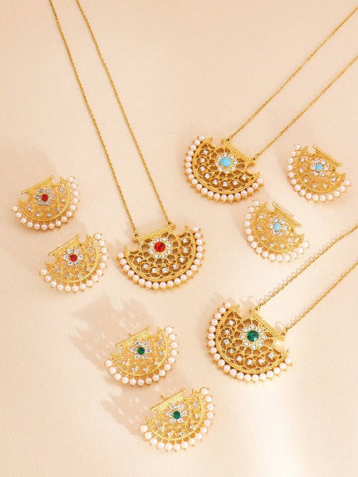 Fashion Gold Colour Necklace And Earrings Pearl Rhinestones X4217532 - TUZZUT Qatar Online Shopping