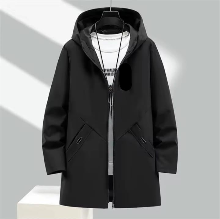 Men's Long Hooded Cargo Jacket Windbreak Coat Black S3363890 L