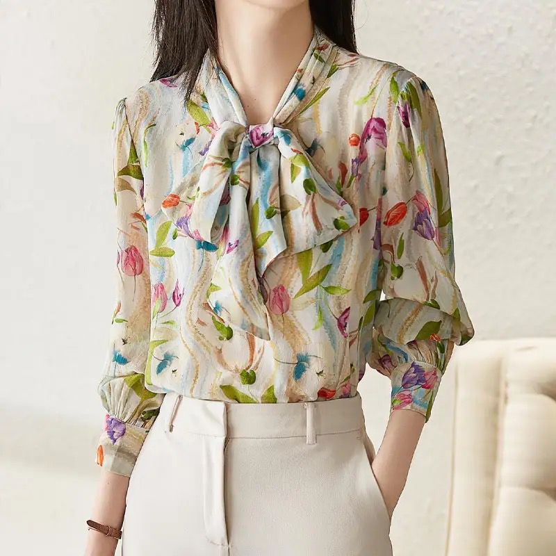 Office Lady Elegant Scarf Collar Drawstring Bow Shirt Spring Autumn Casual Button Fashion Printed Long Sleeve Korean Blouse XL S4666061 - Tuzzut.com Qatar Online Shopping