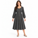 Women’s Charcoal Grey Button-Front Long-Sleeve Dress-D8
