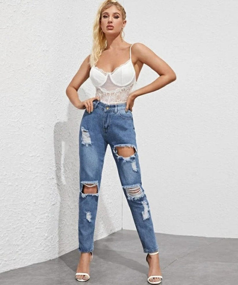 BIG RIPPED HIGH WAIST JEANS S4531372 - Tuzzut.com Qatar Online Shopping