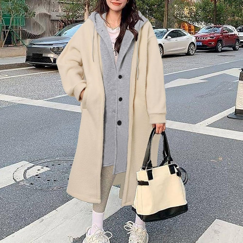 Women's Two-Piece Fake Two-Piece Long-Sleeved Korean Casual Medium-Length Coat Single-Breasted Outerwear Lamb Wool Spring   B72876 - TUZZUT Qatar Online Shopping