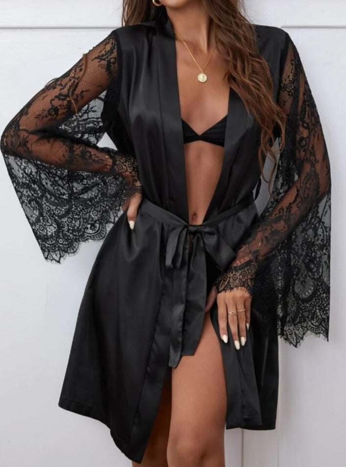Contrast Eyelash Lace Belted Satin Robe Without Lingerie XL S4824635