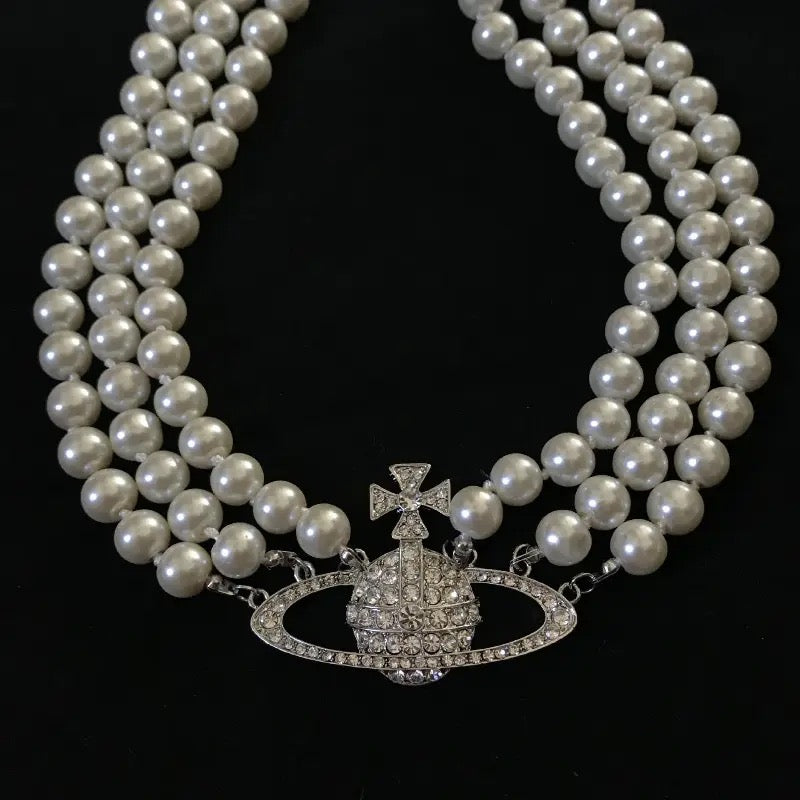 Fashion Retro Light Luxury Necklace 3-layer Pearl Full Diamond Large Saturn Necklace S641072 - TUZZUT Qatar Online Shopping