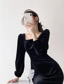 Hepburn Style Velvet Black Square Collar Long Sleeve Women's Dress French Lady Folded Waist Long Dress Autumn Season    S4976543 - TUZZUT Qatar Online Shopping