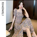 French Style Square Collar Bubble Sleeve Floral Print Long Dress Women's 583977 - TUZZUT Qatar Online Shopping