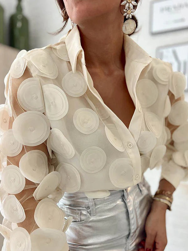 Long Sleeves Loose Buttoned Mesh Polka-Dot Split-Joint Lapel Blouses&Shirts Tops 140093 Long Sleeves Loose Buttoned Mesh Polka-Dot Split-Joint Lapel Blouses&Shirts Tops 140093