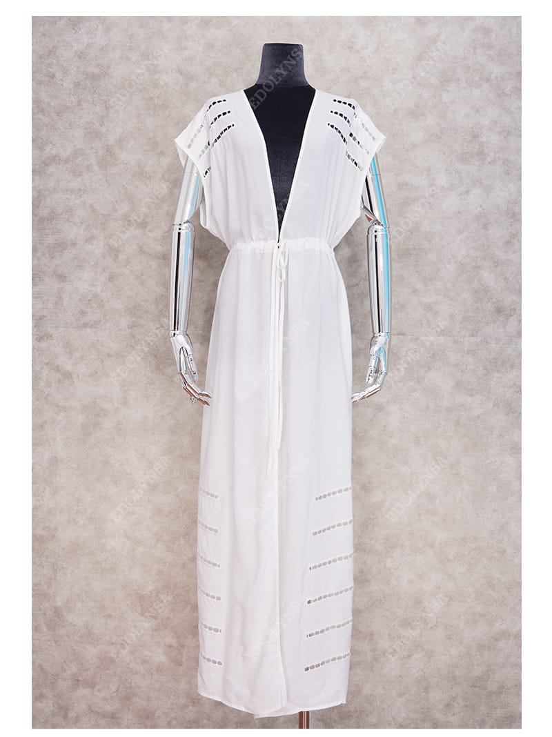 Sexy Striped Hollow Out White Cotton Summer Beach Tunic Women Plus Size Beachwear Self Belted Front Open Midi Dress XL S3928449 - Tuzzut.com Qatar Online Shopping