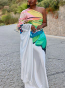 Long Sleeves Loose Asymmetric Flower Print One-Shoulder Maxi Dresses 162749 - TUZZUT Qatar Online Shopping