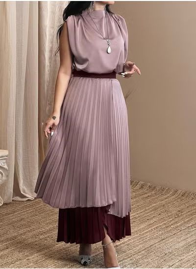 Fordeal Red Satin Elegant Panel Pleated Waist Dress S4907668 Fordeal Red Satin Elegant Panel Pleated Waist Dress S4907668