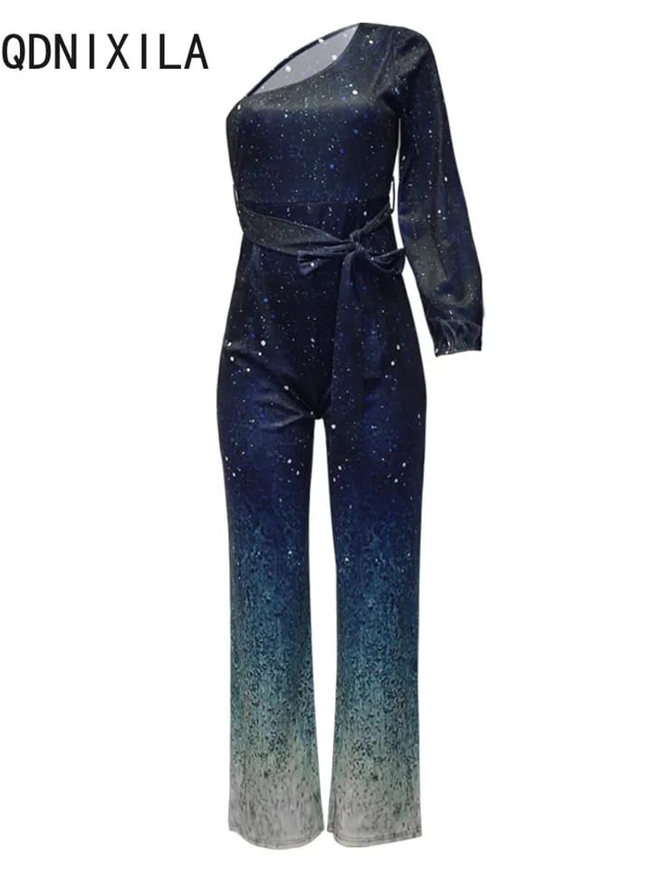 Women Elegant Long Jumpsuits Summer New Gradient Printed Sexy Inclined Collar Women's Jumpsuit Blue High Waisted Wide Leg Pants 3XL S9029323 - Tuzzut.com Qatar Online Shopping