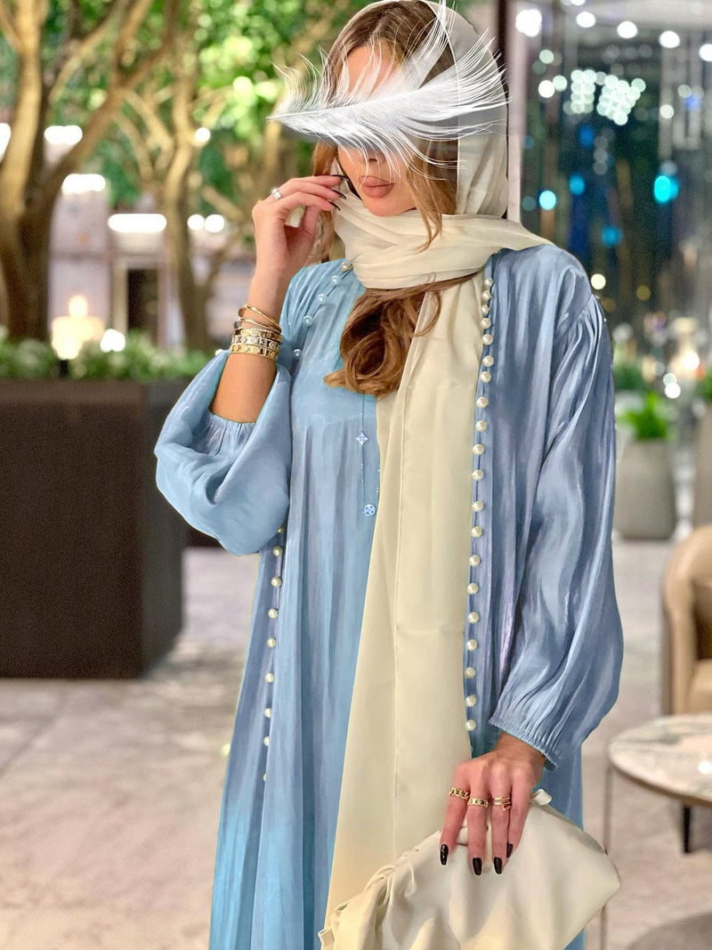 2 Pcs Women's Long Sleeve Solid Color Beads/Pearls/Rice Beads Abaya - Size M - 325226
