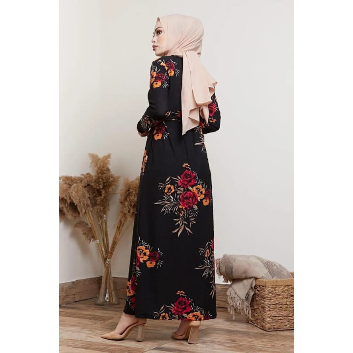 Women's Black Floral Patterned Hijab Dress S264733 Women's Black Floral Patterned Hijab Dress S264733