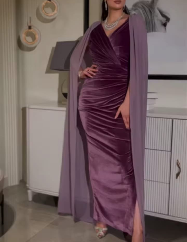 Sexy Purple Evening Dress With V-neckline And Puff Sleeves S5063209 Sexy Purple Evening Dress With V-neckline And Puff Sleeves S5063209