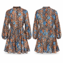 Brown & Blue Snakeskin-Print Long-Sleeve Dress with Tie Waist MC-A37