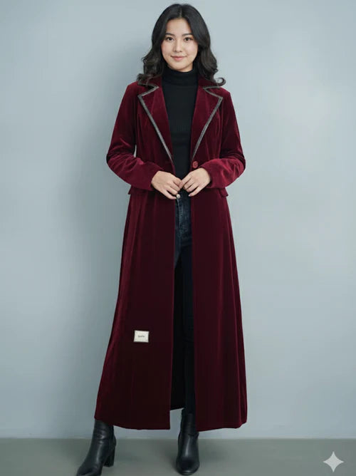 Women Velvet Long Windbreaker Coat S 175728 - TUZZUT Qatar Online Shopping