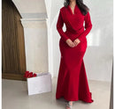 Red Evening Dress Long Sleeves V Neck Floor Length S5082532 - TUZZUT Qatar Online Shopping