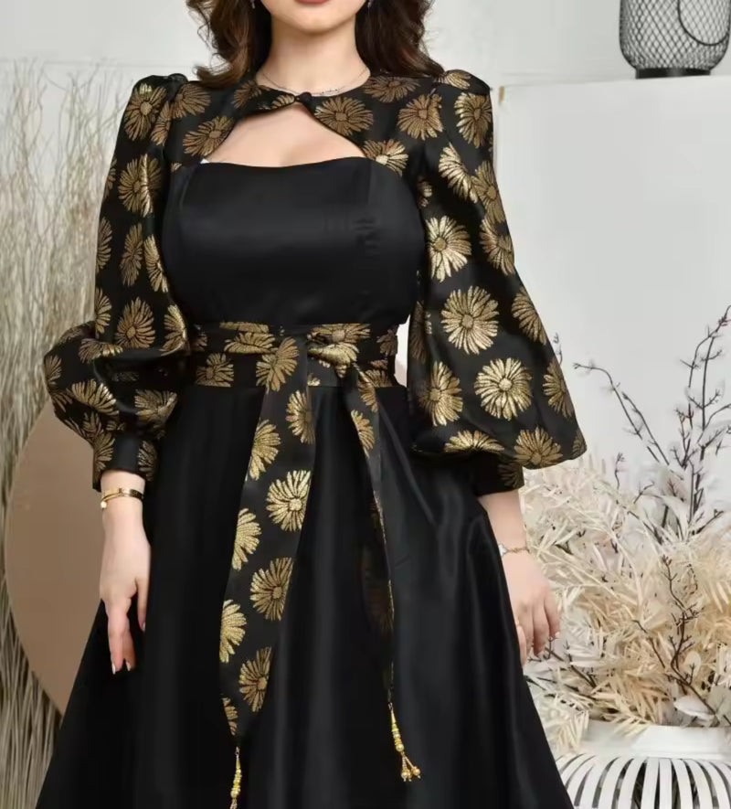 Women’s printing gold satin ball pendulum dress S4974676 - TUZZUT Qatar Online Shopping